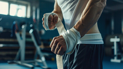 A man is preparing to wrap his hands with boxing gloves. Concept of determination and focus as the man prepares for a workout or a boxing match. The blue background adds a sense of calmness - obrazy, fototapety, plakaty