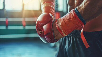 A man wearing boxing gloves and shorts is holding a red glove. The gloves are torn and the man's arm is visible. Concept of determination and focus, as the man prepares for a boxing match