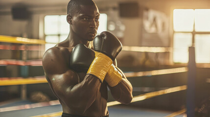 A boxer is in the ring, wearing yellow gloves and a black shirt. He is preparing to throw a punch - Powered by Adobe