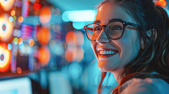 A woman with glasses is smiling at the camera. The image has a bright and colorful background, which adds to the cheerful mood of the scene
