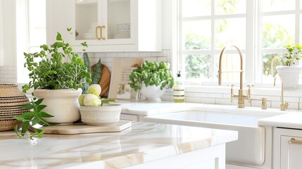 Fototapeta na wymiar Bright Airy Coastal Kitchen Setup with Marble Countertop for Curated Products