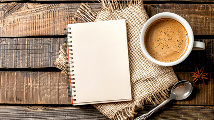A white notebook sits on a wooden table with a mug of coffee next to it. Concept of relaxation and contemplation