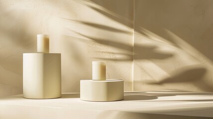 Fototapeta na wymiar Chic Staging on Cream Matte Podiums with Arch Sunlight for Elegant Displays