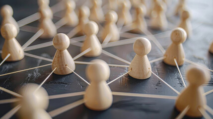 A group of wooden people are connected by strings, forming a network. Concept of interconnectedness and collaboration, as the people are all linked together