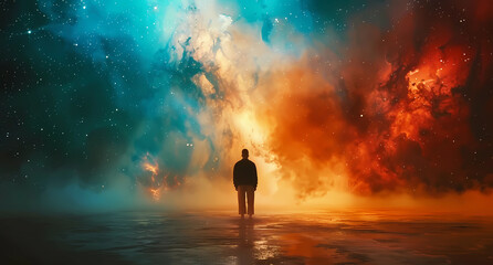 a person standing in front of a colorful blue and orange space - obrazy, fototapety, plakaty