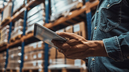 A man is holding a tablet in a warehouse. The warehouse is filled with boxes and shelves. The man is looking at the tablet, possibly checking inventory or looking up information