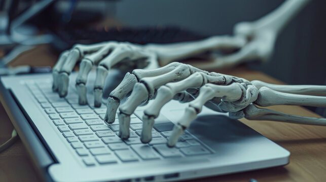 A skeleton typing on a laptop keyboard. The skeleton's fingers are moving across the keyboard, and the image conveys a sense of eerie, creepy, and unsettling atmosphere