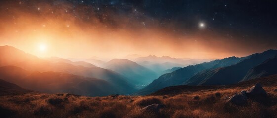 The image shows a landscape with hills and a bright light in the sky. It includes elements such as mountains, fog and stars, creating a serene outdoor scene at night.
