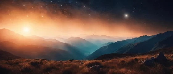 Tuinposter The image shows a landscape with hills and a bright light in the sky. It includes elements such as mountains, fog and stars, creating a serene outdoor scene at night. © juan cesar