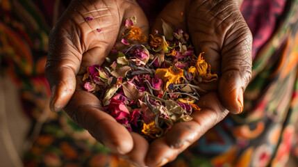 A traditional healers hands gracefully cups a handful of dried flowers and leaves emphasizing the intimate connection between the healer and the natural ingredients they utilize. - obrazy, fototapety, plakaty