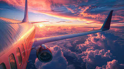 A plane is flying through a beautiful sunset with clouds in the sky. The sky is a mix of orange and pink hues, creating a serene and peaceful atmosphere. The clouds are scattered throughout the sky