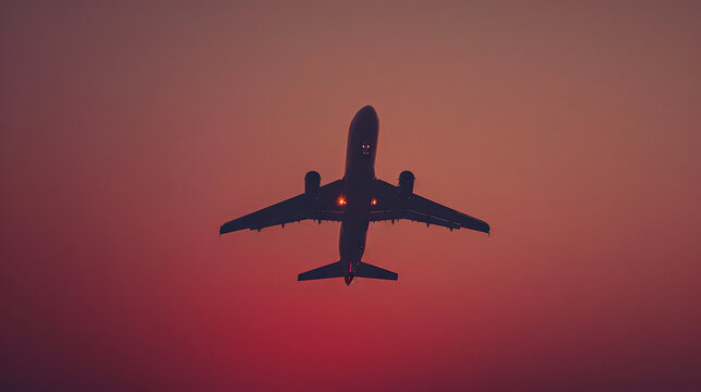 A large jet plane is flying through a beautiful sunset. The sky is a mix of red and orange hues, creating a warm and serene atmosphere. The plane is the main focus of the image