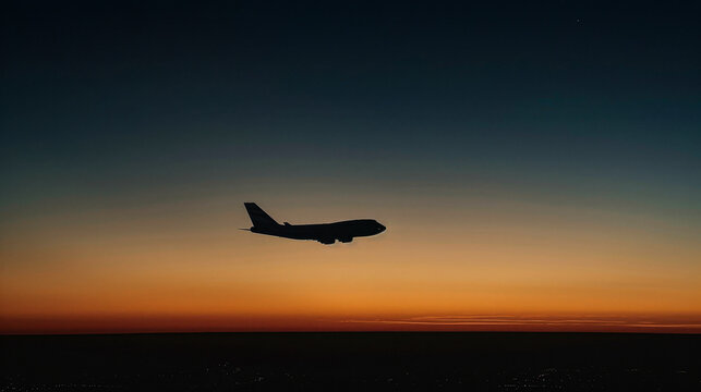 A large jet plane is flying through the sky at dusk. The sky is a beautiful orange color, and the plane is the only object visible in the image
