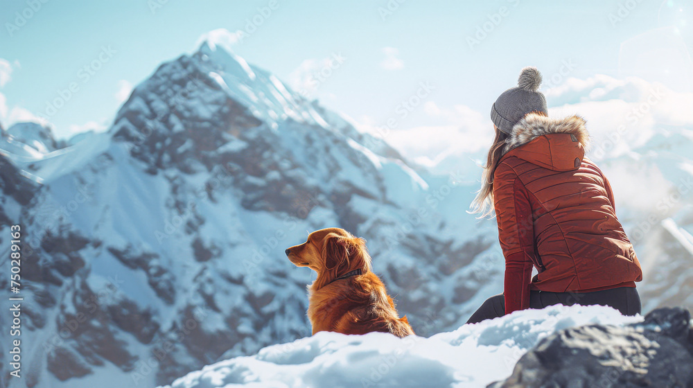 Poster A woman and her dog are sitting on a snowy mountain top. The woman is wearing a red jacket and a hat. The dog is a golden retriever. The scene is peaceful and serene