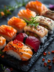 Sushi and Salmon Sashimi in Japanese Style