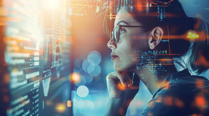 A woman is looking at a computer screen with a lot of numbers and symbols. She is wearing glasses and she is deep in thought. Concept of complexity and intellectual curiosity