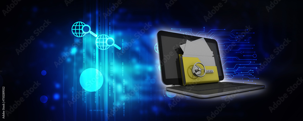 Poster 3d rendering yellow folder and lock on laptop. data security concept