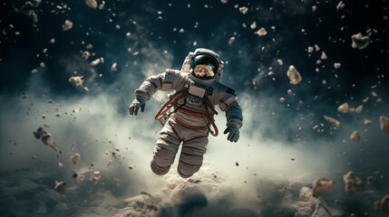 Astronauts float in the void with extraterrestrial debris.