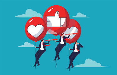 Social media marketing strategies and plans, branding or advertising promotional programs, customer engagement and feedback, businessmen pulling thumbs up and heart-shaped balloons in mid-air discover