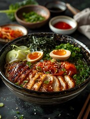 Steaming Hot Asian Ramen Bowl with Chicken and Vegetables