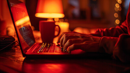 A person is typing on a laptop in a dimly lit room. A cup of coffee is placed next to the laptop