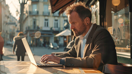 A man is sitting at a table with a laptop, typing on it. The scene takes place in a city, with...