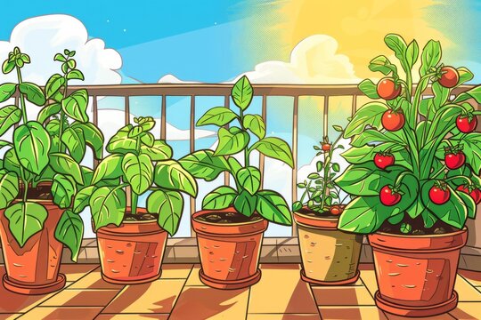 Cartoon cute doodles of a vegetable garden growing in pots on a sunny balcony, Generative AI