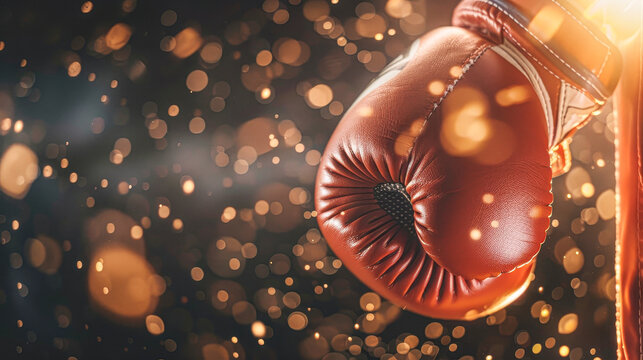 A boxing glove is shown in a blurry image with a lot of dust and light. The glove is red and he is wet. Concept of action and intensity, as if the boxer is about to throw a punch