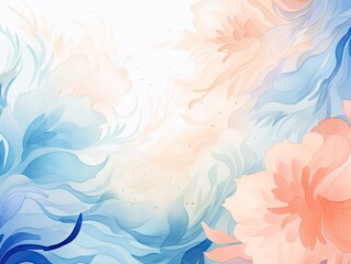 Watercolor background with blue and pink flowers and waves