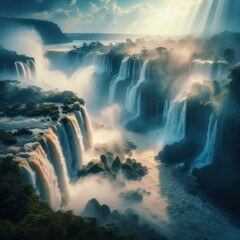 The image is of a waterfall with a rainbow in the background. It showcases the beauty of nature and landscape, with water cascading down.