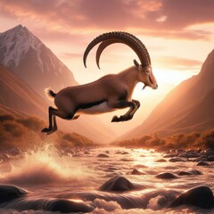 a goat jumps into a stream in the mountains