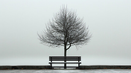 Fototapeta na wymiar Negative Space, silhuette, bench, bare single tree nature landscape