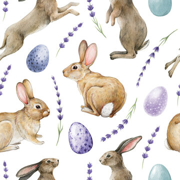 Easter bunny with eggs, lavender flowers seamless pattern. Hand drawn cozy easter festive decor. Small rabbits, painted eggs, flowers springtime elements seamless pattern. White background