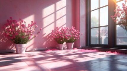  a couple of vases filled with pink flowers sitting on a window sill next to a window sill with the sun shining through the windows on the side of a pink wall.