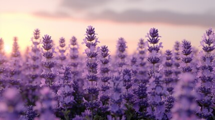  a field of lavender flowers with the sun setting in the backgrounnd and clouds in the sky in the backgrounndgrounnd of the photo.