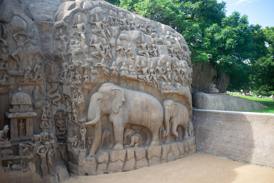 Picture of Arjuna's penance at UNESCO world heritage site of Mahabalipuram. Ajanta, Ellora, Hampi ancient stone sculpture carvings sacred pilgrimage archeology
