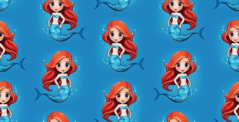 Cartoon mermaid with red hair on blue background. Seamless pattern AI illustration.