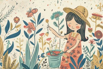 Cartoon cute doodles of a little girl planting flowers in her backyard garden, Generative AI