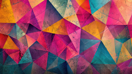 Fototapeta premium Geometric abstract background with overlapping triangles in fuchsia, olive and sky blue colors