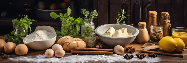 Moment of Baking Bliss: Warm Sunlight on Rustic Kitchen Table Laden with Fresh Ingredients and Baking Tools