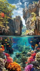 Above and below  stunning view of the sea surface and underwater world in crystal clear waters