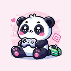 cute panda caracter cartoon wiith playing games