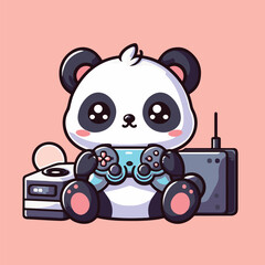 cute panda caracter cartoon wiith playing games