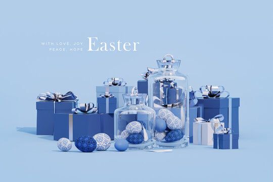 Easter present with rabbit and easter eggs on blue background. Holiday banner, web poster, flyer, stylish brochure, greeting card, cover. Spring Easter background