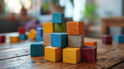 Naklejka na ściany i meble Colorful wooden blocks build the foundation for fun and learning, in an AI generative play space.