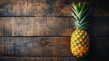 Pineapple on wooden table. Rustic tabletop with pineapple. Top view