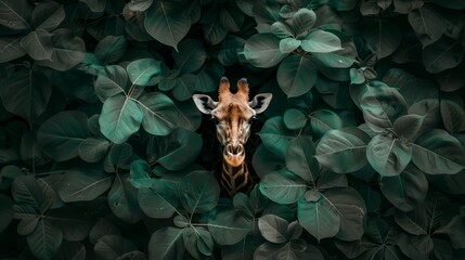 Giraffe in dense jungle, peering curiously from shadows into wilderness, amidst tropical foliage.