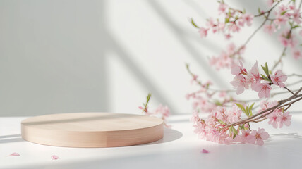 Fototapeta na wymiar Soft pink cherry blossoms gently draping over a minimalistic wooden platform AI Generative.