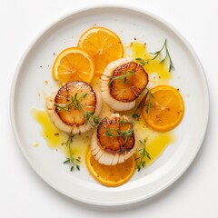 Plate of seared Maine sea scallops adorned with preserved lemon dressing, arranged on a white round plate, displayed against a white background in an aerial view
