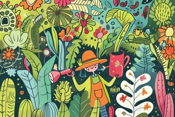 Cartoon cute doodles of a gardener using a watering can to water thirsty plants in the garden, Generative AI